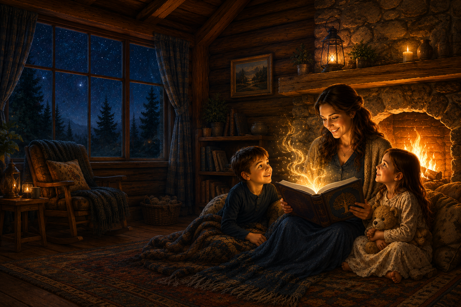 A mother reading a magical bedtime story to two children beside a fireplace